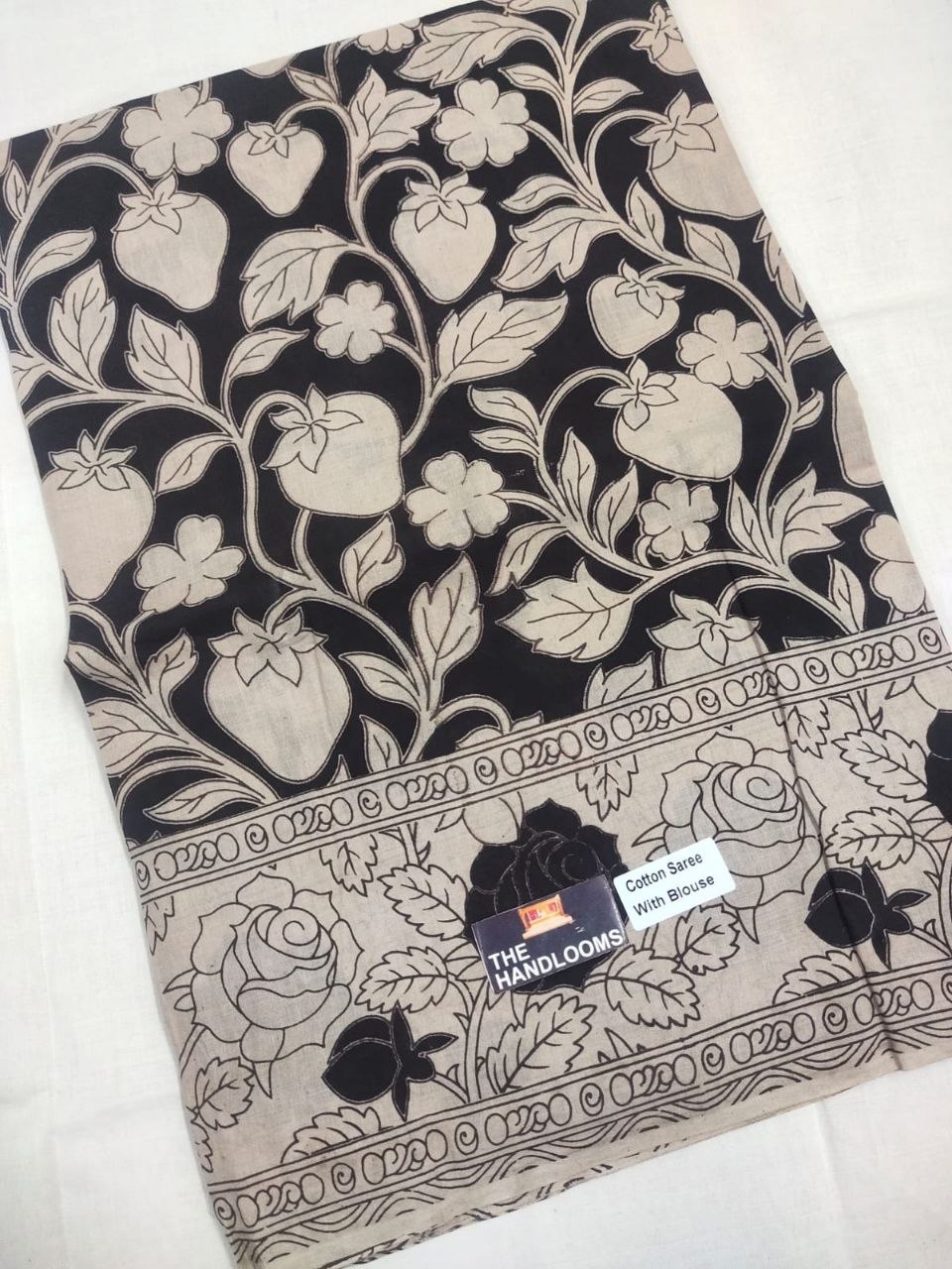 Midnight Pomegranate Garden Kalamkari Pure Handloom Cotton Saree